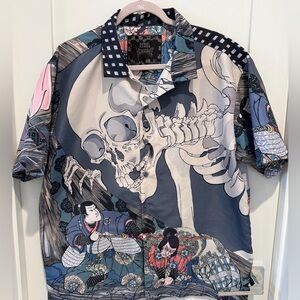 Rebel Vengeance Mens Shirt Sz L Short Sleeve Button Japanese All Over Print